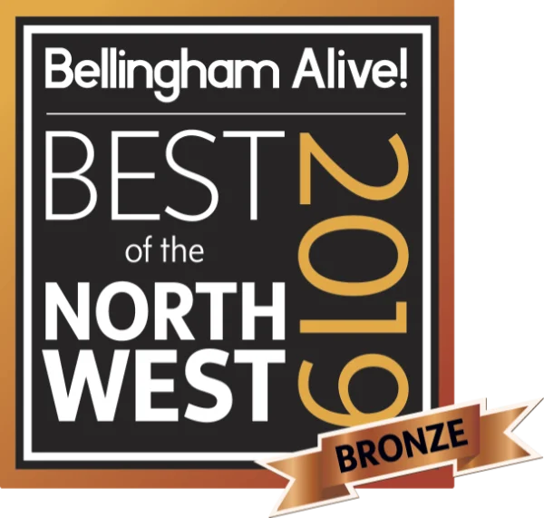 badge-BONW-Winner-2019-Bronze Award plaque for Bellingham Alive! Best of the Northwest 2019 with a bronze ribbon reading 'BRONZE'.