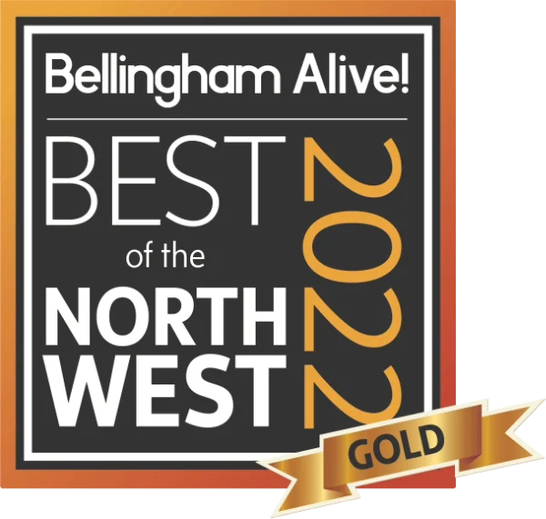 badge-BONW-Winner-2022-Gold Gold award badge from Bellingham Alive: 'Best of the Northwest' 2022 edition with an orange border and gold ribbon.