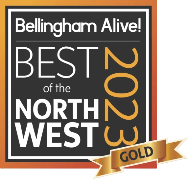 badge-BONW-Winner-2023-Gold Award plaque reading 'Bellingham Alive! BEST of the NORTHWEST 2023' with a gold ribbon labeled 'GOLD' in the corner.
